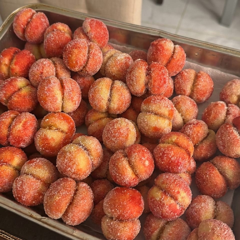 Tray filled with sugar-coated, peach-shaped pastries at a restaurant buffet.