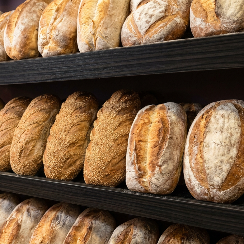 Shelves display rows of rustic artisan bread loaves with varied crusts, flour patterns, and seeded textures.