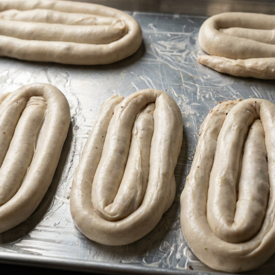 Unbaked oval-shaped dough rings arranged on a scratched metal baking tray.