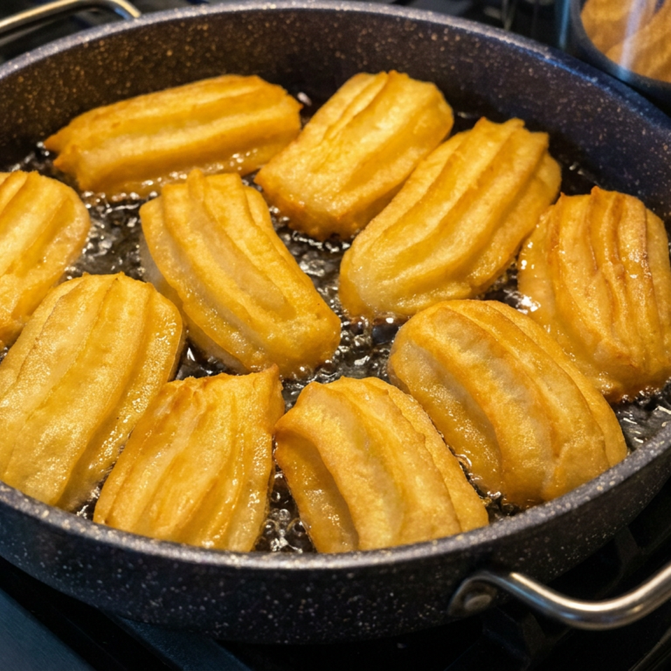 Golden ridged pastries frying in bubbling oil in a large pan on a stovetop.