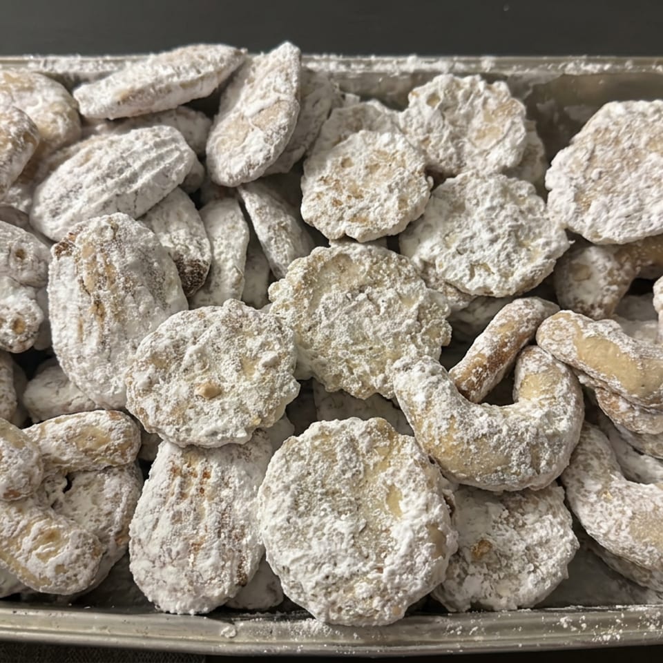 Tray filled with assorted powdered sugar-coated cookies, including crescents, rounds, and textured shapes.
