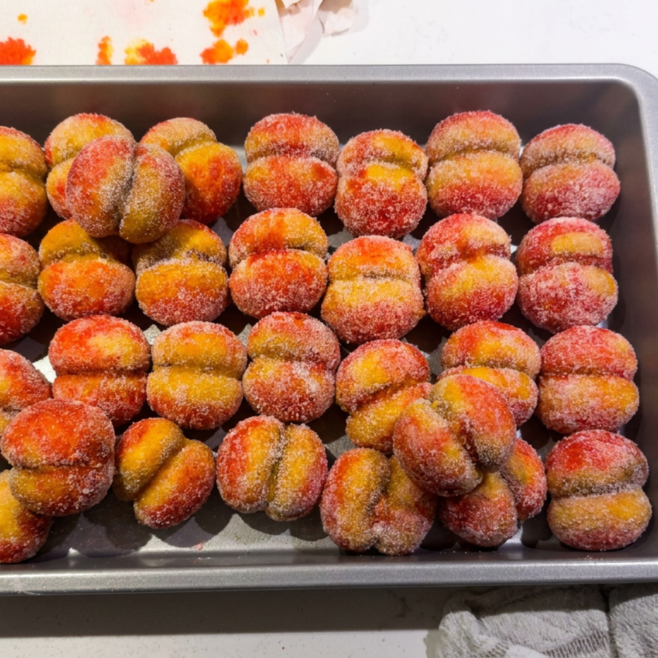 Tray filled with sugar-coated peach-shaped pastries on a white table beside a striped kitchen towel.