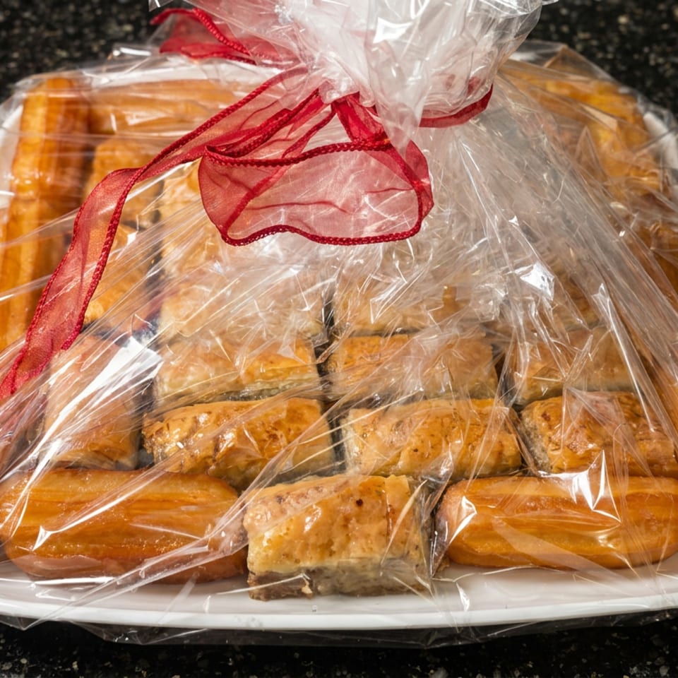 Assortment of golden pastries arranged on a white platter, wrapped in clear cellophane and tied with a red ribbon.