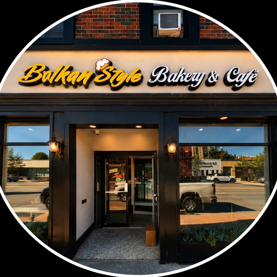 Balkan Style Bakery & Café storefront with black-framed glass entrance, illuminated signage, and street reflections.